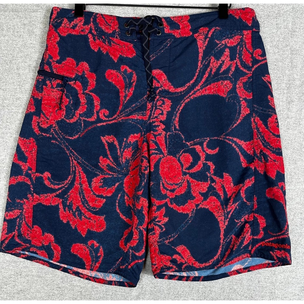 Patagonia Board Shorts Mens 32 Navy Red Floral Print Swim Trunks